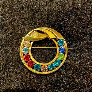 Vintage CATAMORE 1/20 12k Gold Filled 11 Rhinestone Round Pin Mother's Brooch